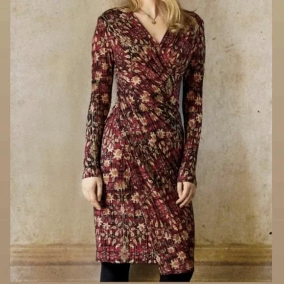 Peruvian Connection Botanical Leaf Print Faux Wrap Dress Size Medium - Picture 12 of 12